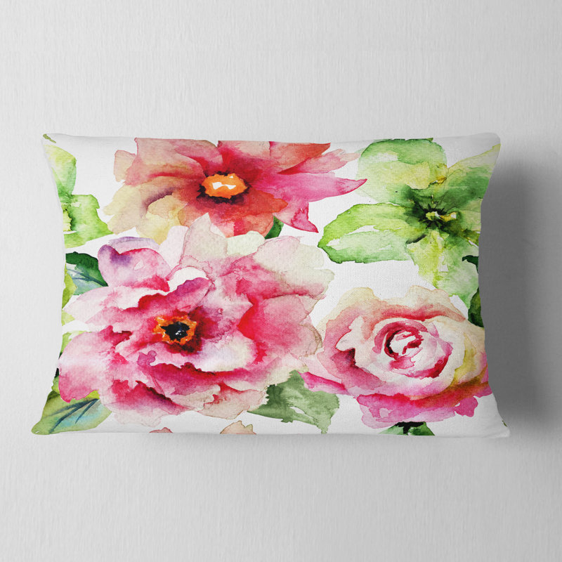 Coussin lombaire en aquarelle de roses florales et de fleurs gerber