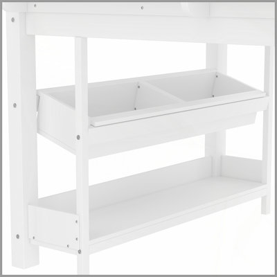Lit mezzanine simple avec bibliothèques, boîtes et tiroirs à rangement multiples, lits mezzanine bas en bois massif avec bureau et tableau noir, aucun sommier nécessaire, blanc