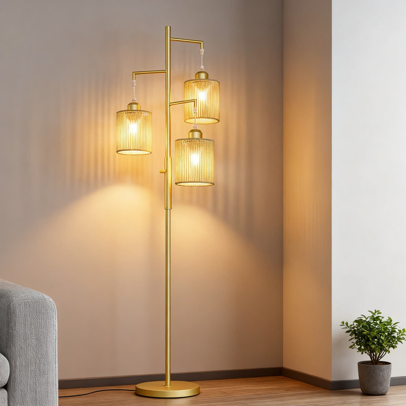 72" Tall Dimmable Floor Lamp With Handcrafted Rattan Shade, Industrial Tree Floor Lamps For Living Room, Bedroom, Office, Includes 3X800lm LED Bulbs