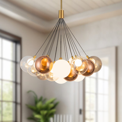 Bolla 28-in Brushed Gold dimmable LED Chandelier with Mixed Glass