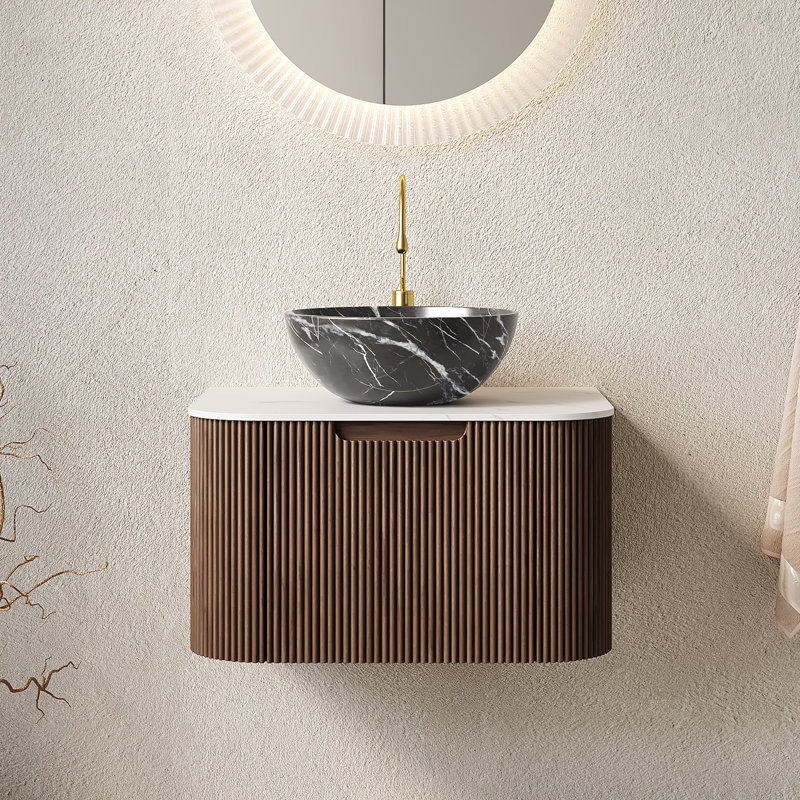 Meuble-lavabo mural avec lavabo, armoire de rangement cannelée à bord arrondi avec tiroir, vasque en céramique noire, pré-assemblé