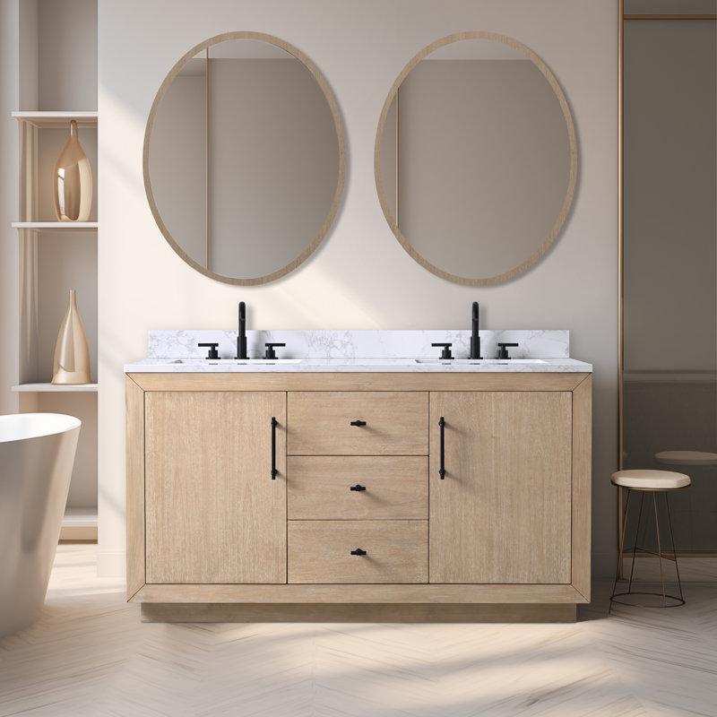 Ensemble de meuble-lavabo autoportant 60 po avec plateau en marbre d'ingénierie Avignon, Blanc Arabescato, Blé clair, 60"