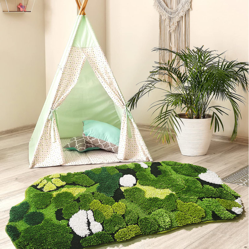 Mignon tapis de couloir de salle de bain vert mousse à longues feuilles rectangulaires de style bohème avec tapis de bain à poils longs antidérapant