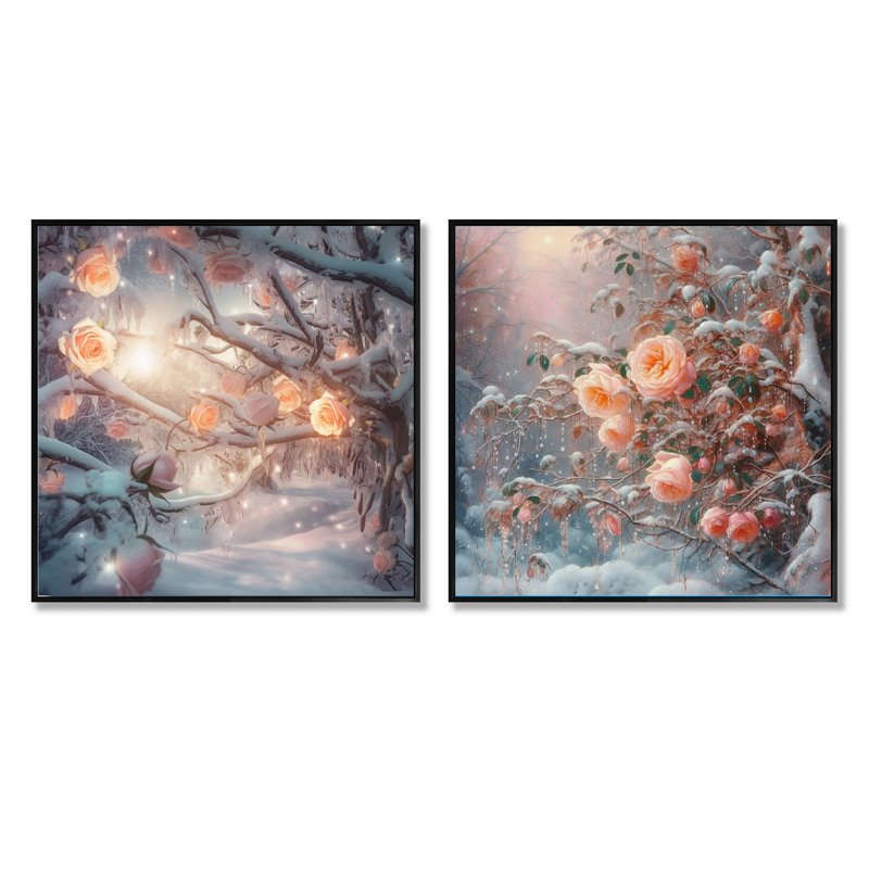 «Peach Enchanted Roses» - ensemble de 2 carrés de roses à motif floral, Cadre flottant noir, H 16 po x l 33 po