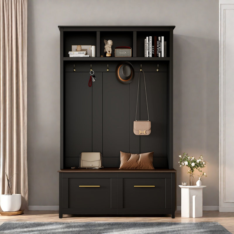 Versatile 4-in-1 Hall Tree With Coat Rack & 6 Golden Hooks, Wood Grain Bench, 2 Drawers And Metal Handles, Black