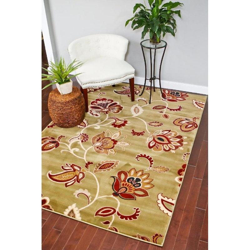 Tapis décoratif d’intérieur/d’extérieur à motif floral vert Murphysboro, Rectangle 8 pi x 10 pi