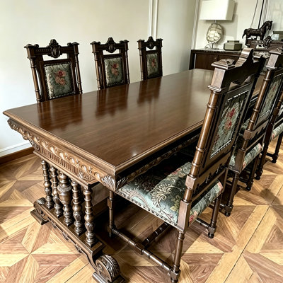 Table de salle à manger rectangulaire 86,61 ", cadre en bois massif sculpté à la main