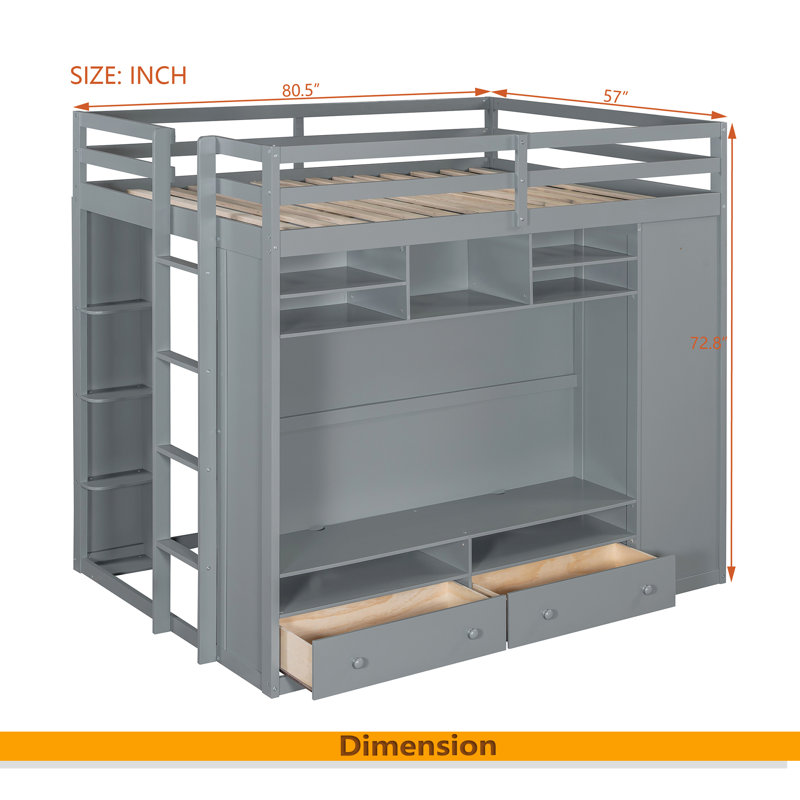 Lit mezzanine double avec tiroirs, tablettes et lumière, Gris