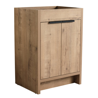 Meuble-lavabo autoportant de 24 po, 2 portes à fermeture douce, rangement pour meuble-lavabo, meuble-lavabo sans comptoir, tablettes intérieures réglables, fabrication en contreplaqué, matériau imitation chêne à finition grattée, sans robinet