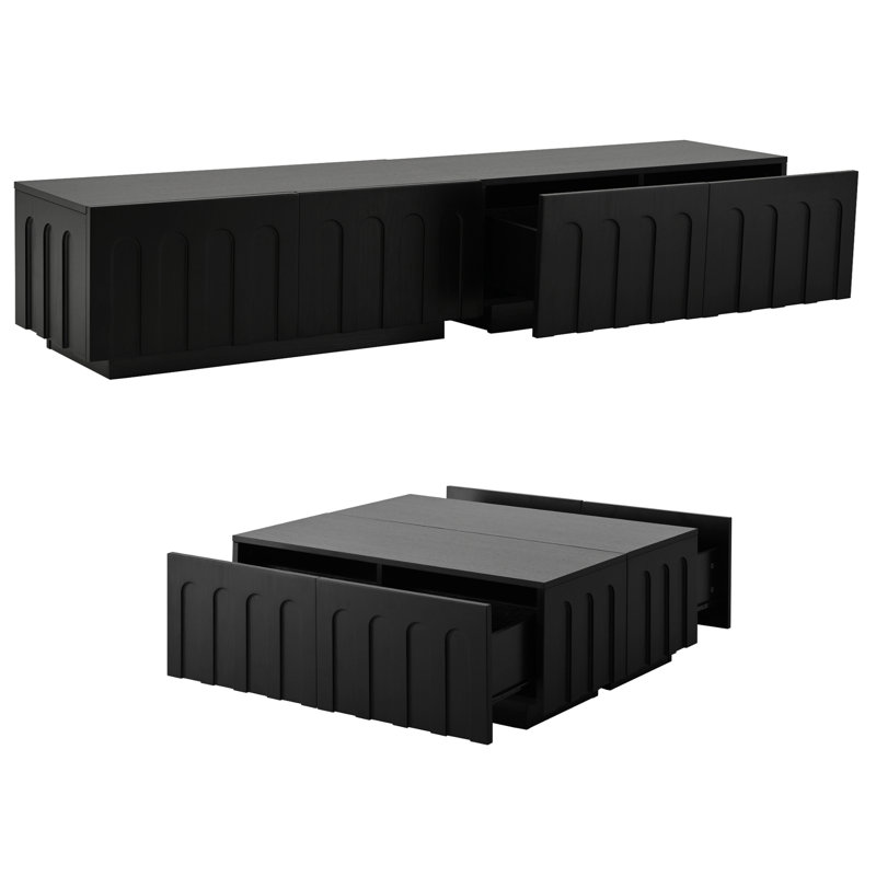 Meuble télé noir et table basse, design arqué pour la sophistication, 8 tiroirs spacieux pour articles quotidiens, salon ou chambre à coucher multifonctionnel, paire, design, tiroirs, rangement dissimulé spacieux, fonctionnel,