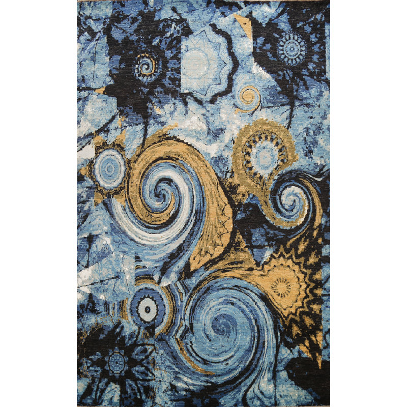 Tapis bleu noué à la main de conception unique 9 pi 1 po x 12 pi New Age