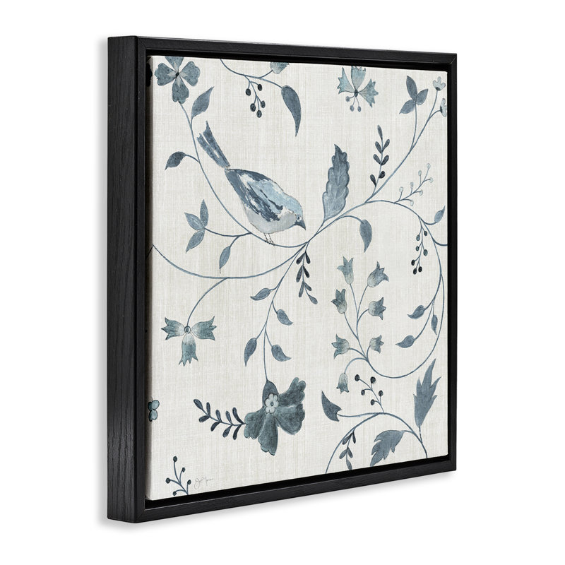Motif de fleurs avec oiseaux perchés, Cadre flottant noir de jais, H 18 po x l 18 po