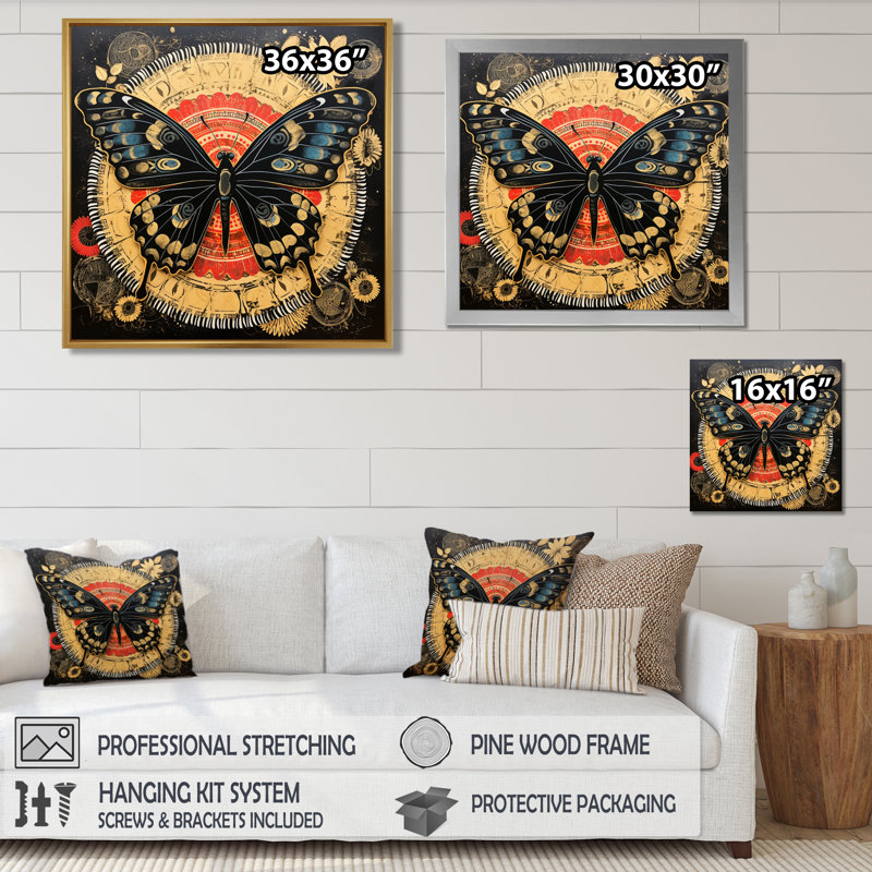 Monarque collage sur sceau doré Glam - papillon, art mural, salon, Toile avec cadre noir, H 16 po x l 16 po x P 1 po