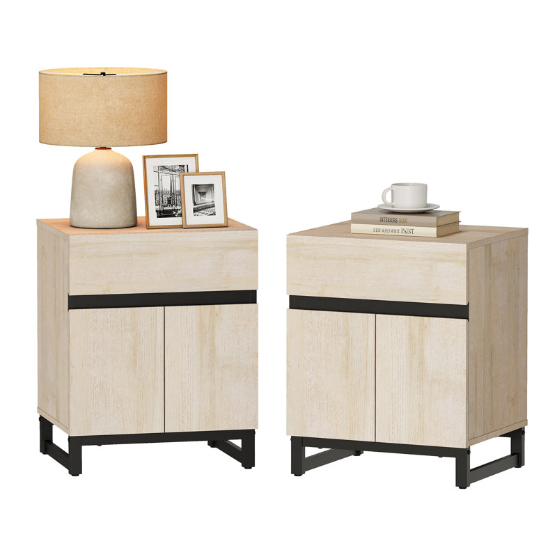 Aadam Nightstand With 1 Drawer & 1 Storage Cabinet, Beige, Set of 2