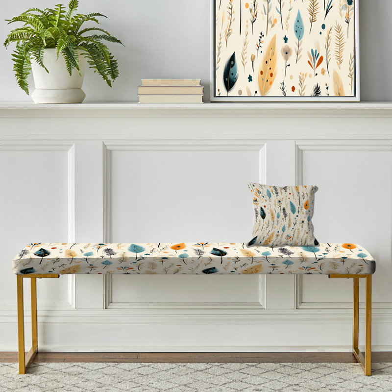 Botanical Upholstered Gold Bench, Antique Beige Vintage Minimalism Boho Pattern