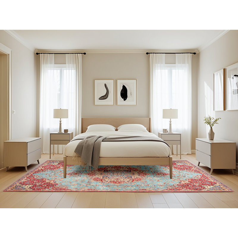 Bleu oriental/rouge/beige Tapis décoratif, Rectangle 5 pi x 8 pi
