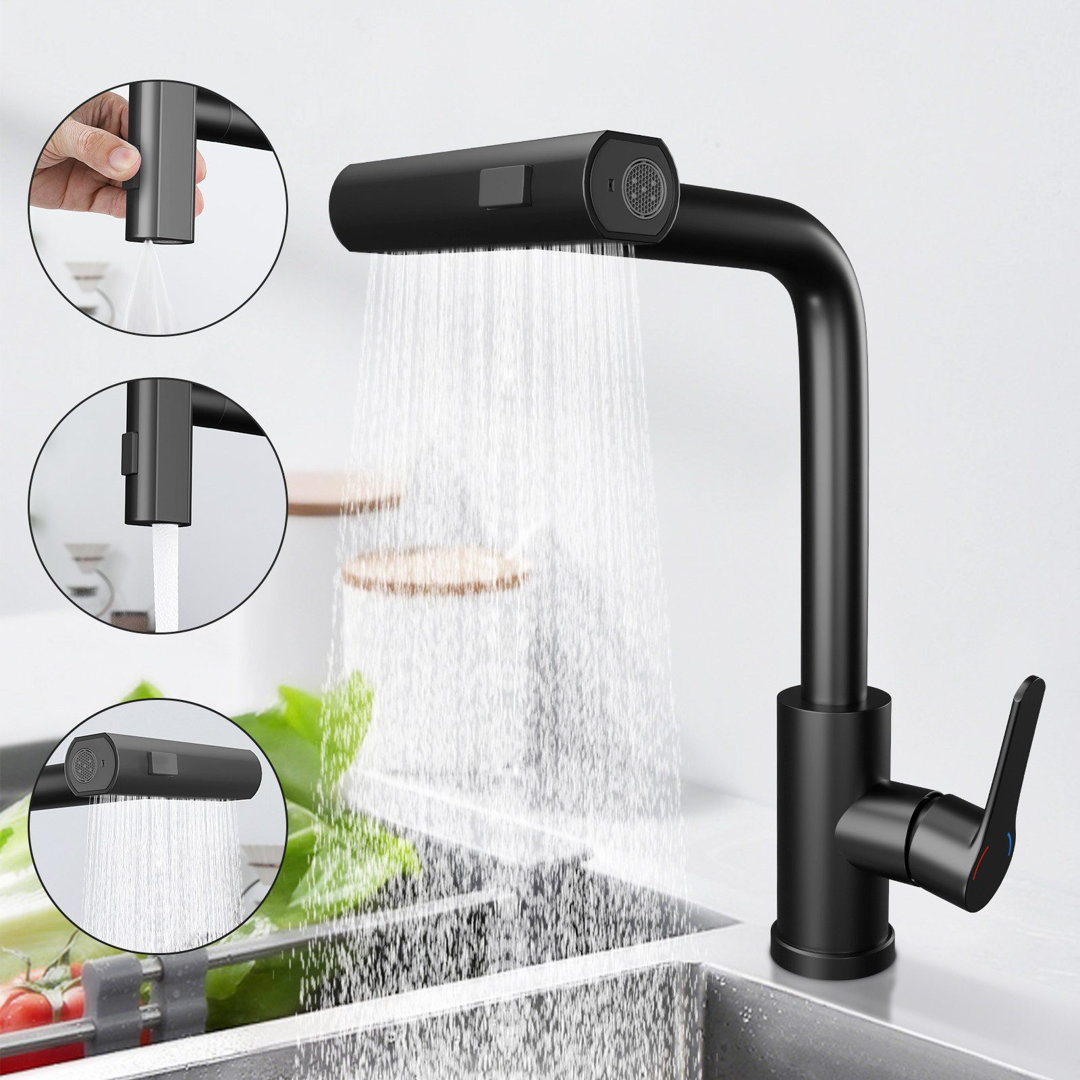 Kitchen faucet pull-out - Waterfall mixer tap with shower sink faucet 360° rotatable faucet with 3 spray types sink kitchen faucet brushed stainless s