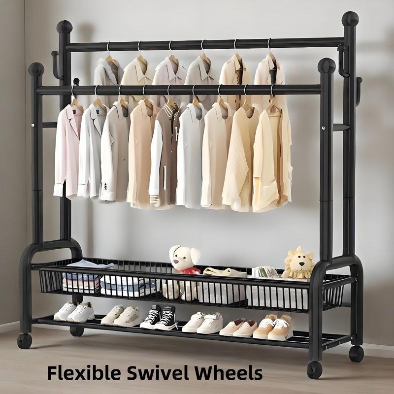 59 Inch Double Rods Garment Rack with Wheels, 32mm Steel Tube Clothing Rack for Hanging Clothes, 4 Hooks, Multi-functional Bedroom Clothes Rack, Black