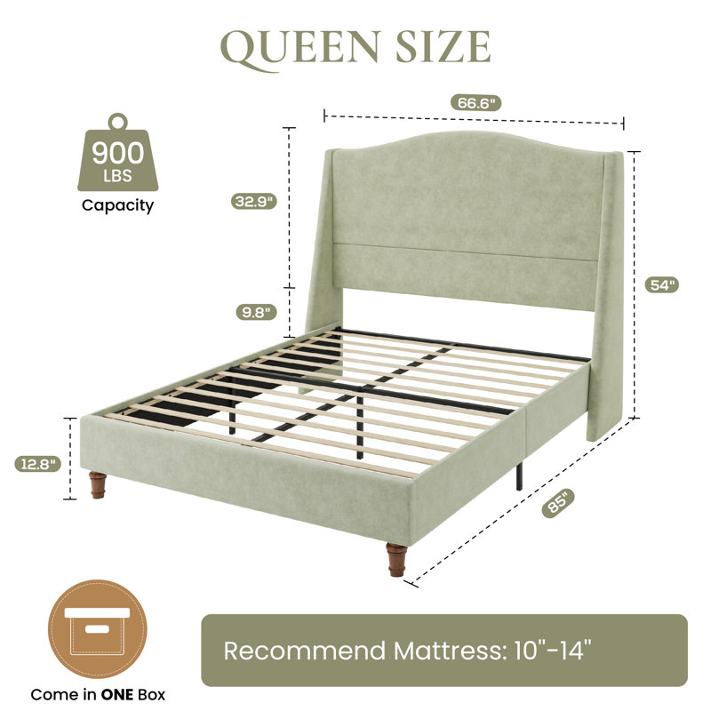 Lit plateforme tapissier, tête de lit haute et pieds en bois massif, aucun sommier requis, Sage Green, Grand lit