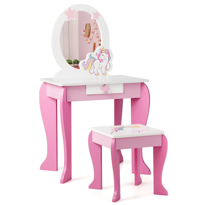 Kids Vanity Set with Mirror, White/Pink