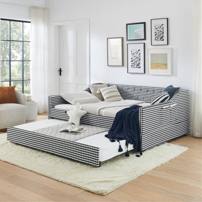 Lit de jour pleine grandeur, lit de jour convertible rembourré avec dossier capitonné, canapé-lit polyvalent 3 en 1 avec lit gigogne escamotable et rangement latéral, parfait pour une vie compacte