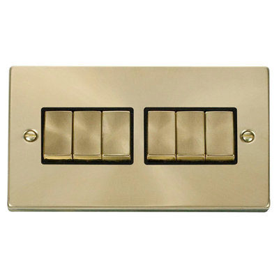 Satin Brass 10A 6 Gang 2 Way Ingot Light Switch
