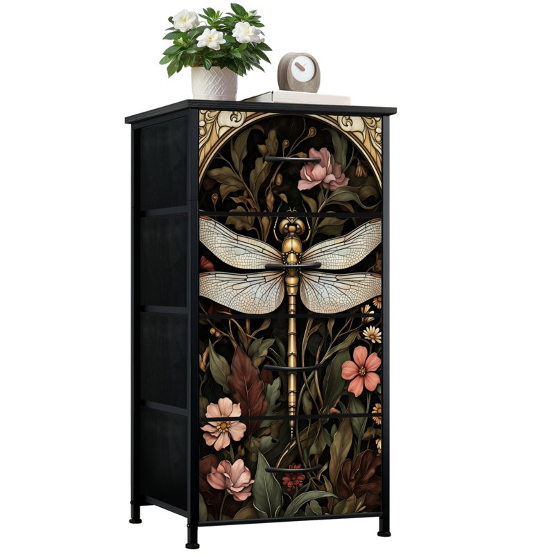 Commode pour chambre à coucher avec 4 tiroirs de rangement Libellules vert foncé rétro Libellules nature Commodes transparentes Commode en tissu avec cadre en acier pour vestibule