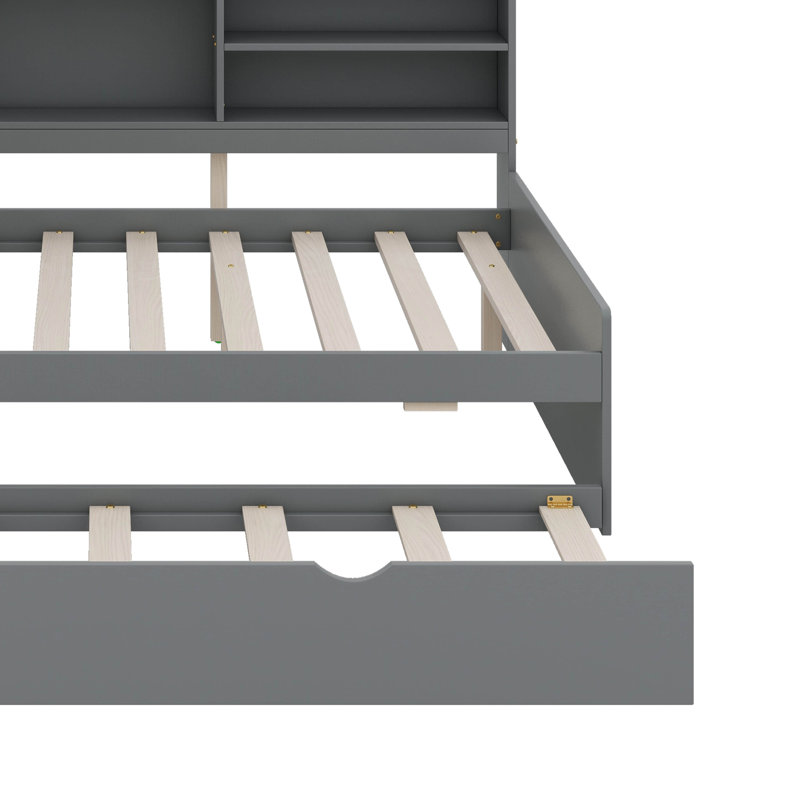 Lit plateforme avec tablettes, lit gigogne et tête de lit, Gris, Lit double