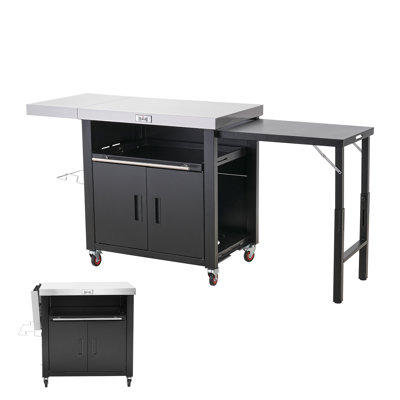 Feasto Outdoor Kitchen Series Stainless Steel Grill Table Cart with 2 Foldable Side Tables, Movable Kitchen Cabinet with Pull-Out Plate, BBQ Grill Car
