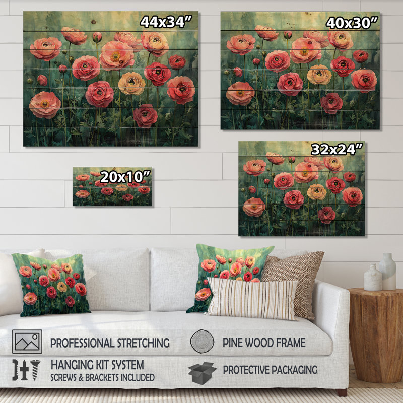 Summer Symphony Of Ranunculus Field II - Ranunculus Wood Wall Art - On Natural Pine Wood, 10" H x 20" W x 0.78" D
