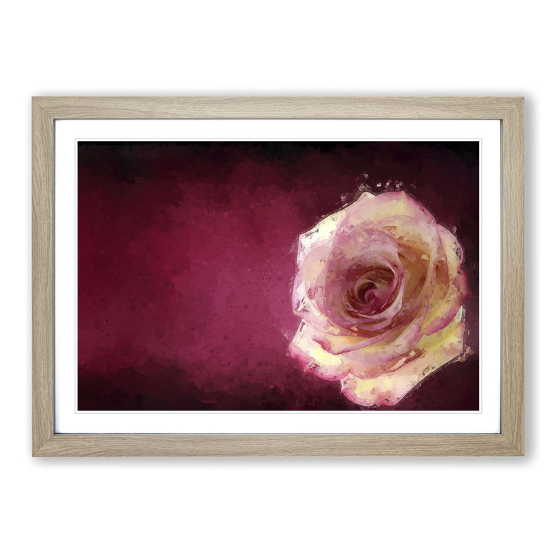 Lone Pink Rose in Abstract - Picture Frame Painting Print, 40cm H x 60cm W x 2cm D, Oak