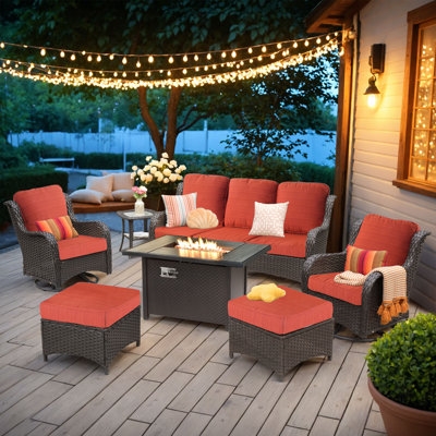 7 - Person Patio Furniture Set with Swivel Rocker, Outdoor Wicker Rattan Seating Group with Cushions, All Weather Sofa Conversation Set with Fire Pit Table for Garden Backyard