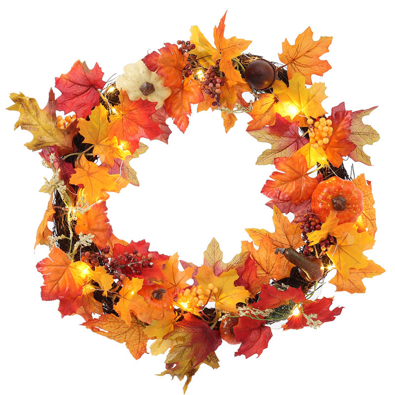 60cm Lighted Fall Wreath for Front Door Halloween Thanksgiving Decoration