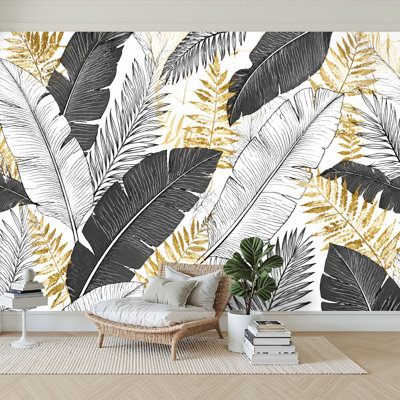 Wall Mural Peel and Stick Wallpaper Botanical Tropical Leaves Gold Black White Self-Adhesive Removable Contact Paper Wall Decor for Living Room Bedroom 100"H x 144"W