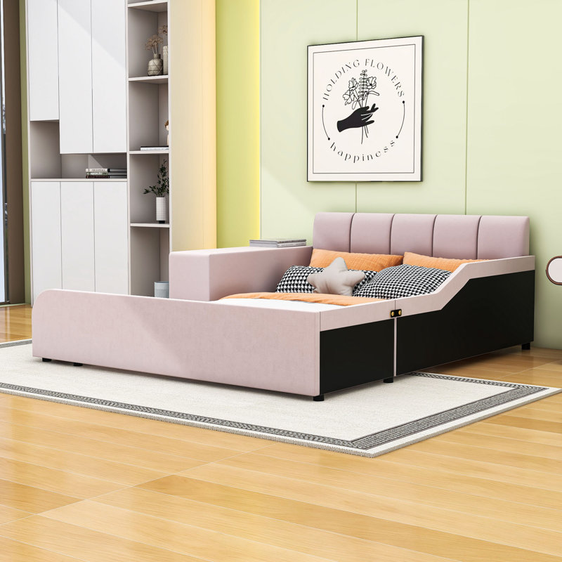 Lit plateforme tapissier luxueux en velours avec bureau, tabouret rond et rails de sécurité, Double, Pink
