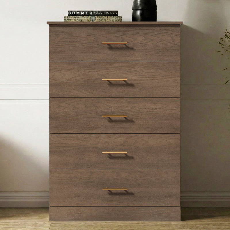 Mouton 31.3"W Modern 5 Drawer Chest, Dark Brown Oak