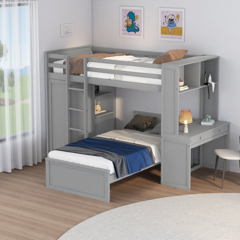 Twin Size Loft Bed With A Stand-Alone Bed, Shelves,Desk,And Wardrobe, Gray, Twin Over Twin