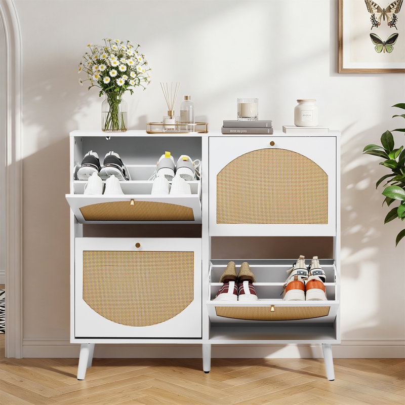 Range-chaussures en rotin arqué à 2 tiroirs et 9 tiroirs de 9,45 pouces de profondeur, Blanc