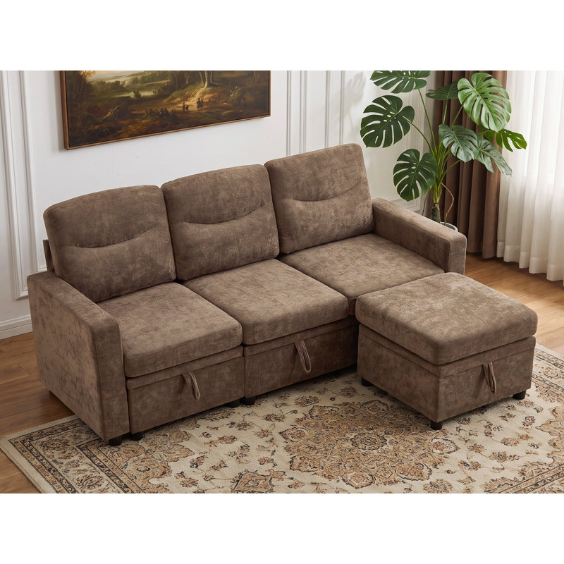 Canapé modulaire en L en chenille de 78,7 po avec rangement et 4 compartiments cachés, Rangement 4 places, Chenille brun