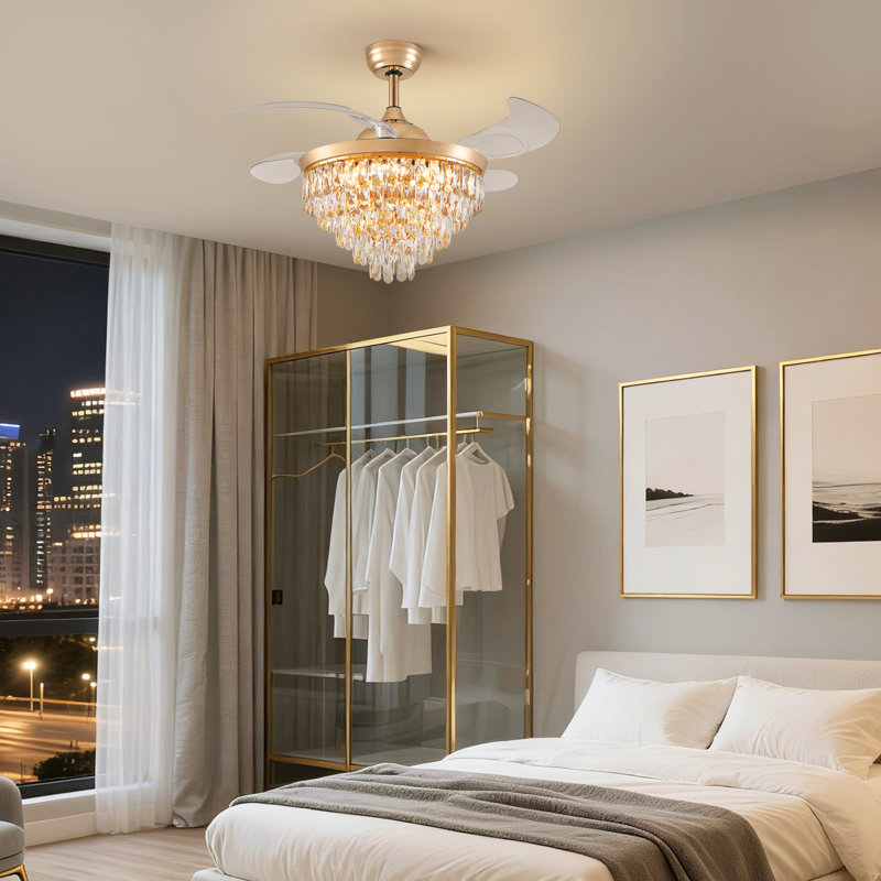 Ventilateur de plafond rétractable en cristal avec lumières DEL et télécommande, 42"