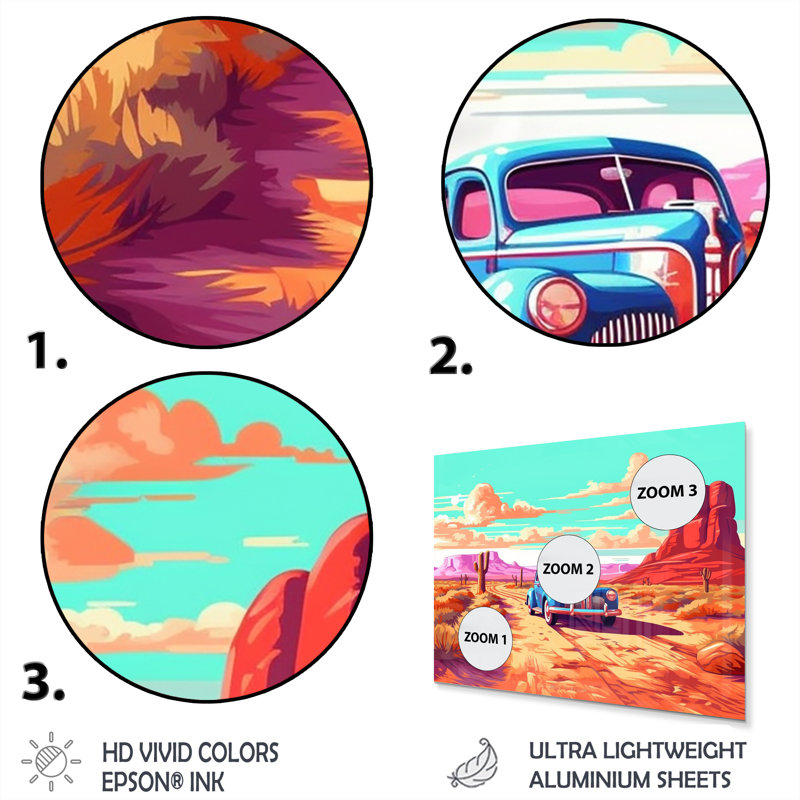 Vintage Blue Car in Desert Landscape Metal Wall Art
