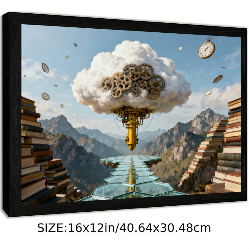 Art encadré noir Steampunk Cloud & Gears, peinture fantaisiste rétro, H 13 po x l 17 po
