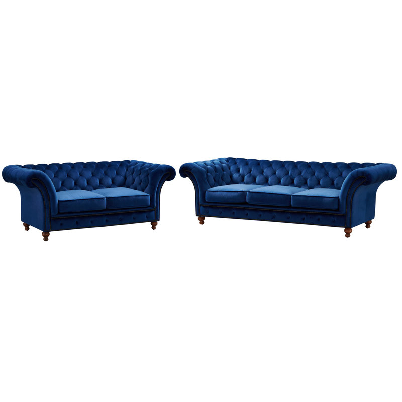 Jarique 98" Velvet Rolled Arm Chesterfield Sofa, Blue Velvet
