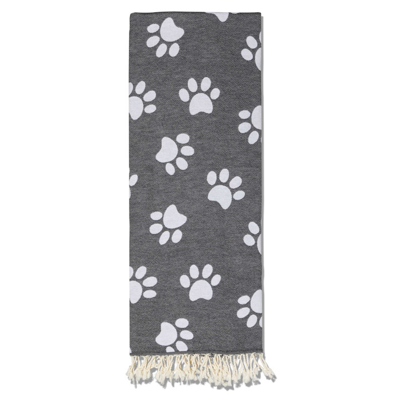 Pawprint Paw Print Turkish Towel, Sand Resistant Organic Cotton Beach Peshtemal, Soft, Thin & Lightweight, 66" x 36", Black