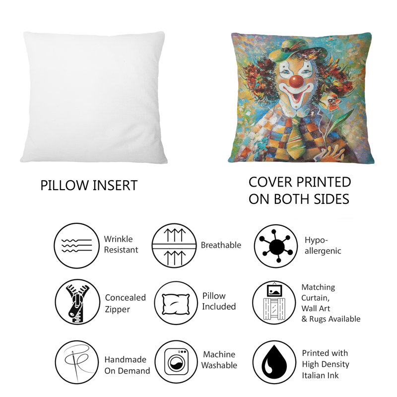 Coussin coloré clown avec fleurs - Art imprimé pour enfants 1
