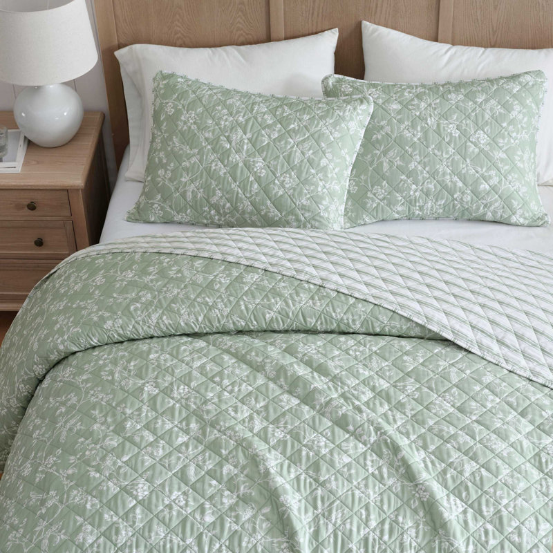 Ensemble de courtepointe en coton vert Martha Martha, Courtepointe pour grand lit + 2 taies décoratives