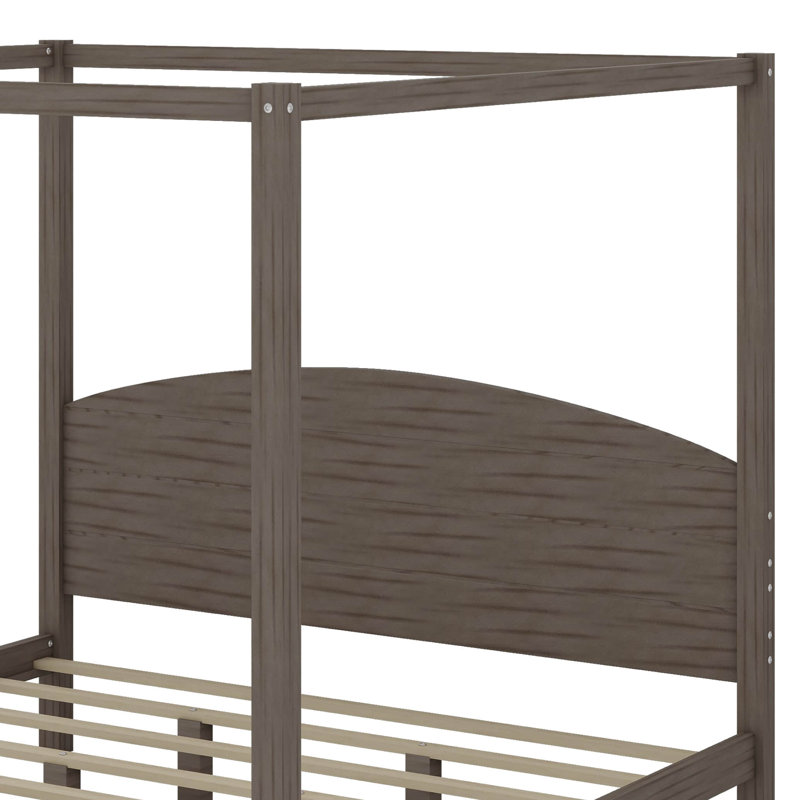 Très grand lit plateforme à baldaquin avec tête de lit et pieds de support, Brun