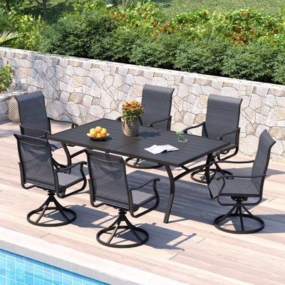 70.9"L Outdoor Dining Set with Extra Large Rectangular Dining Table and 6 PVC-coated polyester Swivel Chairs 