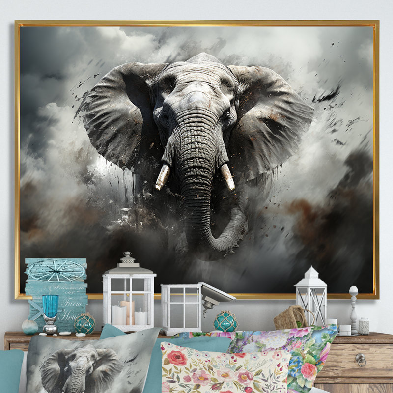 «Elephant Symphony Stampede I» sur toile, H 34 po x l 44 po x P 1,5 po, Cadre flottant doré