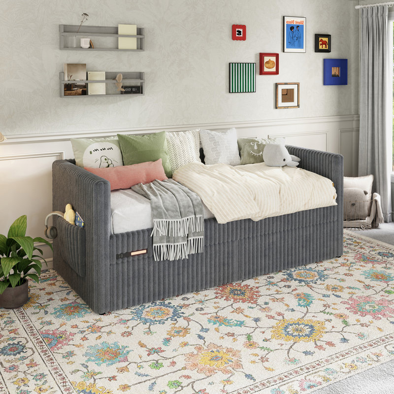 Lit de jour rembourré avec côtés gardés, base de lit plateforme avec support à lattes et veilleuse intégrée, gris, Gris